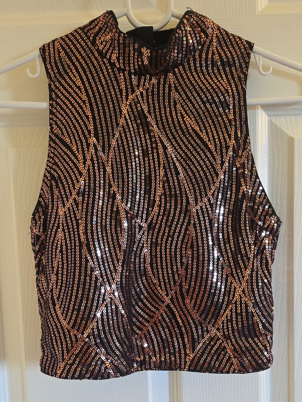 SHEIN Rose Gold Sequin Mock Neck Crop Tank Zipper Back